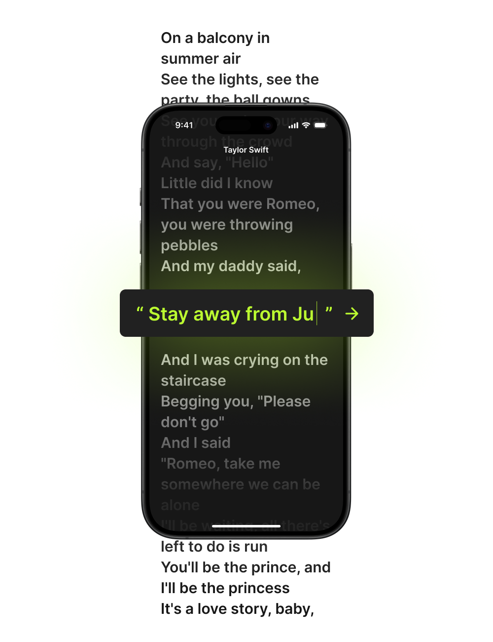 iPhone screen displaying a lyric guessing game for a Taylor Swift song. The screen shows partial lyrics with the line 'Stay away from Ju...' highlighted in green, suggesting the user needs to complete the lyric. Game helps fans learn song lyrics interactively.